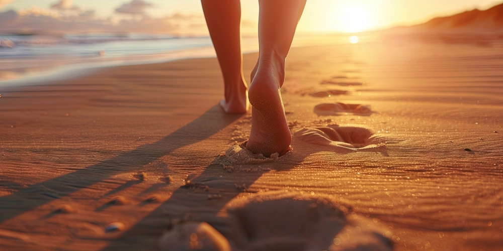 Nahaufnahme von Füßen beim Gehen auf Strandsand