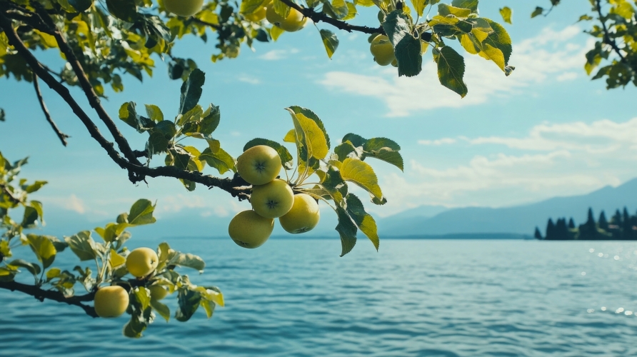 grüne Äpfel an einem üppigen Ast mit Blick auf den Bodensee in Deutschland