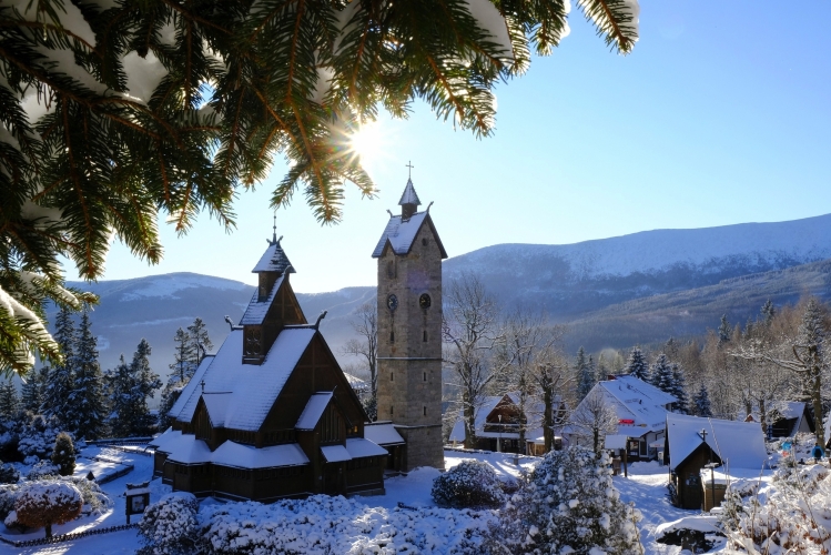 Old wooden stave church Vang (Wang) in winter. It was transferred from Norway and re-erected in 1842 in Karpacz, Poland